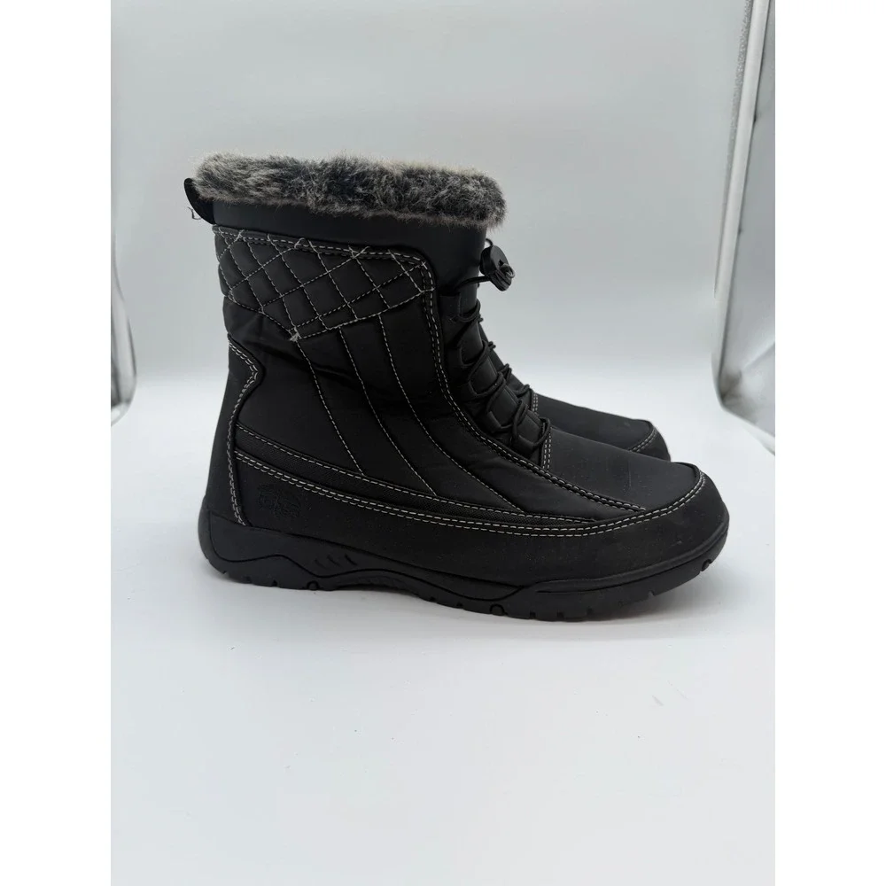 Totes Womens Black Quilted Faux Fur Trim Winter Snow Boots Size 11‎ Side Zip